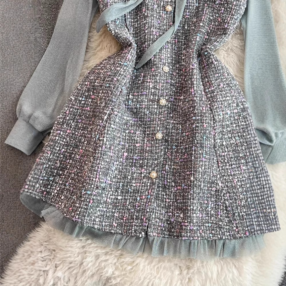 Urban Lady's Fall/winter Style Chic Fashion Socialite Elegant Mesh Material Long-sleeved Bow-neckline Waist Cinched Tight A-line Tweed Ladies