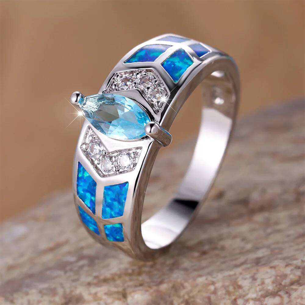 Aqua Crystal Marquise Stone Wedding Rings For Women Vintage Silver Color Blue Opal Engagement Jewelry Mother's Day Gifts