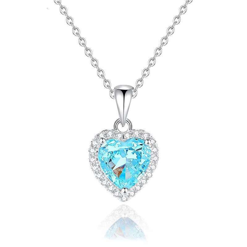 Women's S925 Silver Heart of the Sea Collarbone High Carbon Diamond Blue Heart Pendant High-End Festival Gift Jewelry