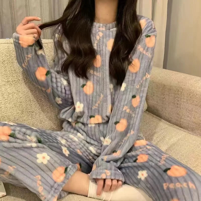 Thiened Long Sve Coral Fce Pajamas Winter Home Clothes Set Cute Cartoon Print round Ne Spwear for Youth 251231
