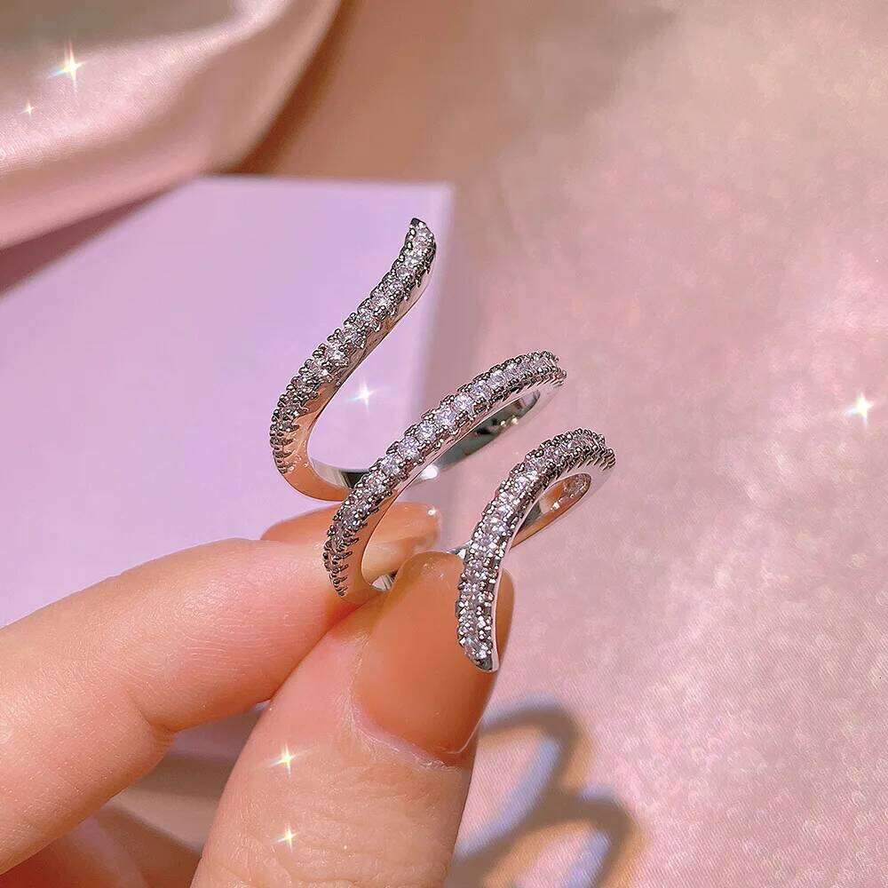 New Fashion 925 Silver Geometric Zircon Irregular Line Ring Personality Simple Engagement Wedding Jewelry