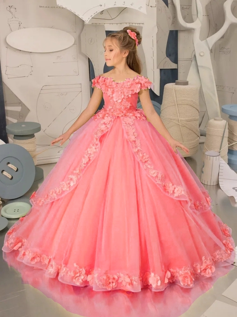 Cute Yellow Flower Dresses Elegant A Line Off Shoulder Appliques Long Girl Pageant Party Gowns Teens Birthday Dress J04 B0312