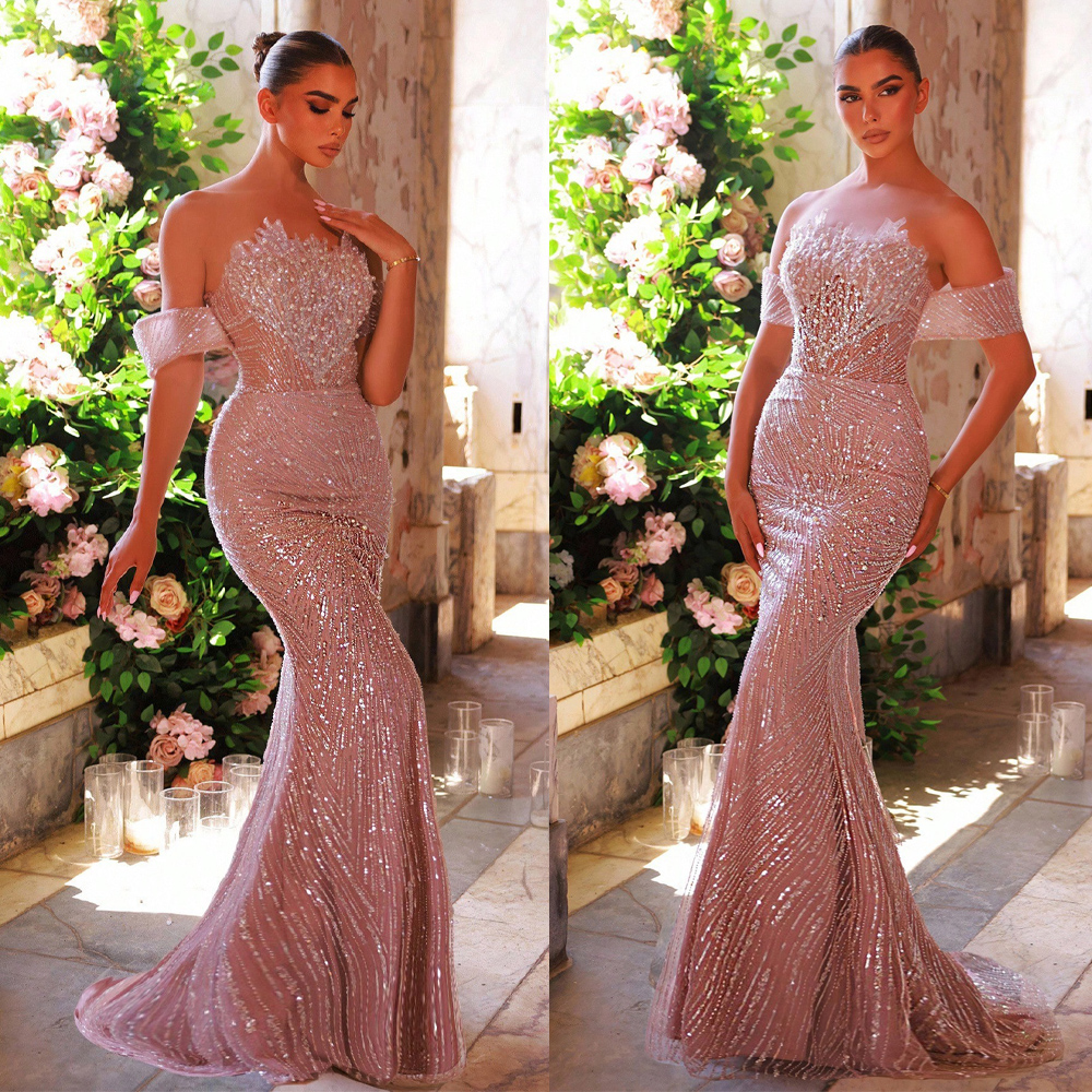 Elegant Evening Dresses Sequins Pearls Prom Dress Off Shoulder Princess Sweep Train Customized Party Gowns Vestidos De Noche Plus Size