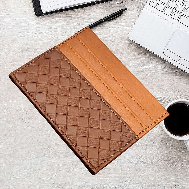 Ins Style Korean Woven Genuine Leather Business Case Storage Sleeve ID Holder Quilted Credit Card