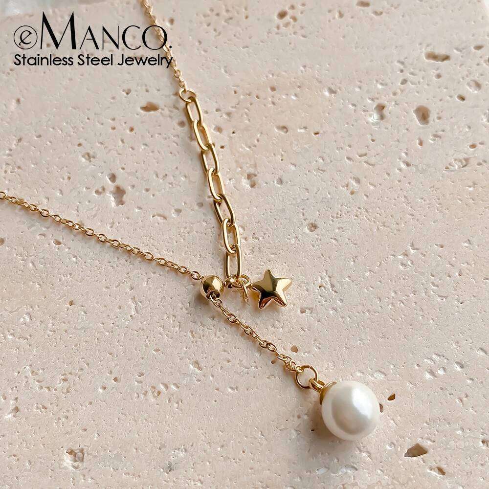 eManco Stainless Steel Star and Imitation Pearl Double Pendant Necklaces Women's Gold Plated Jewelry 48 Hour Shipping