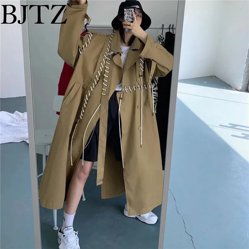 BJTZ Splicing Khaki Windbreaker Womens 2025 Spring Autumn Loose Temperament Midlength Drawstring n Trench Jacket 251231