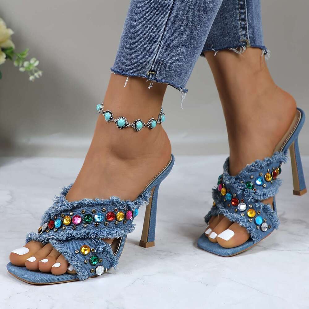GLAZE Women S Denim Slip On Open Toe Stiletto Heels With Crossover Straps Hollow Design Fish Mouth Style Slingback Sandals For Evening Dresses Parties