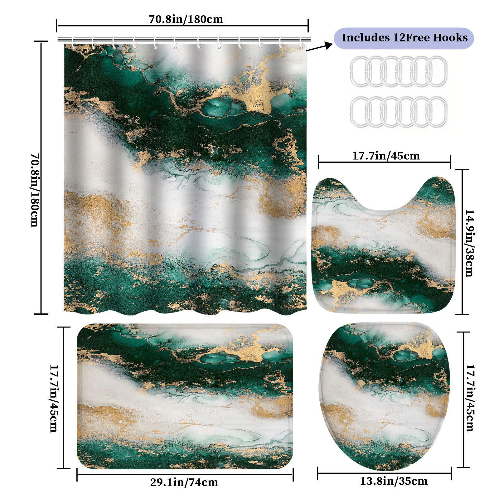 YL-38087 High-definition digital printing shower curtain four-piece set, waterproof, no-drill bathroom partition curtain, marble.