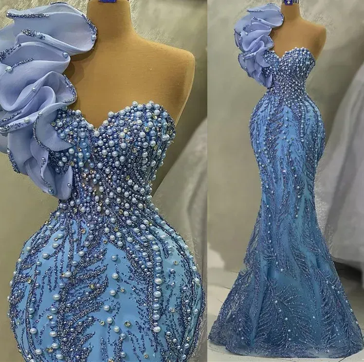 Gorgeous Pearls Beading Mermaid Evening Dress Ruched One Shoulder Light Blue Formal Occasion Prom Gowns Trumpet Sweep Train Aso Ebi Second Reception Dress LG0284