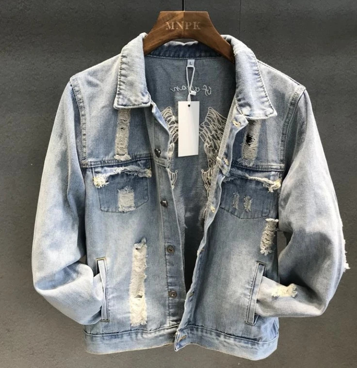 n Embroidered Distressed Denim Jacket for Men Spring Autumn Korean Trendy Light Color Loose wing 251230