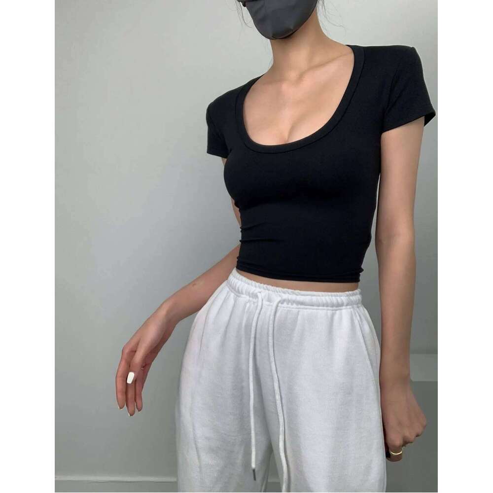 Women's Spring New Korean Style Versatile Belly Button Short Sleeve T-Shirt, Sexy Fitted U-Neck T-Shirt