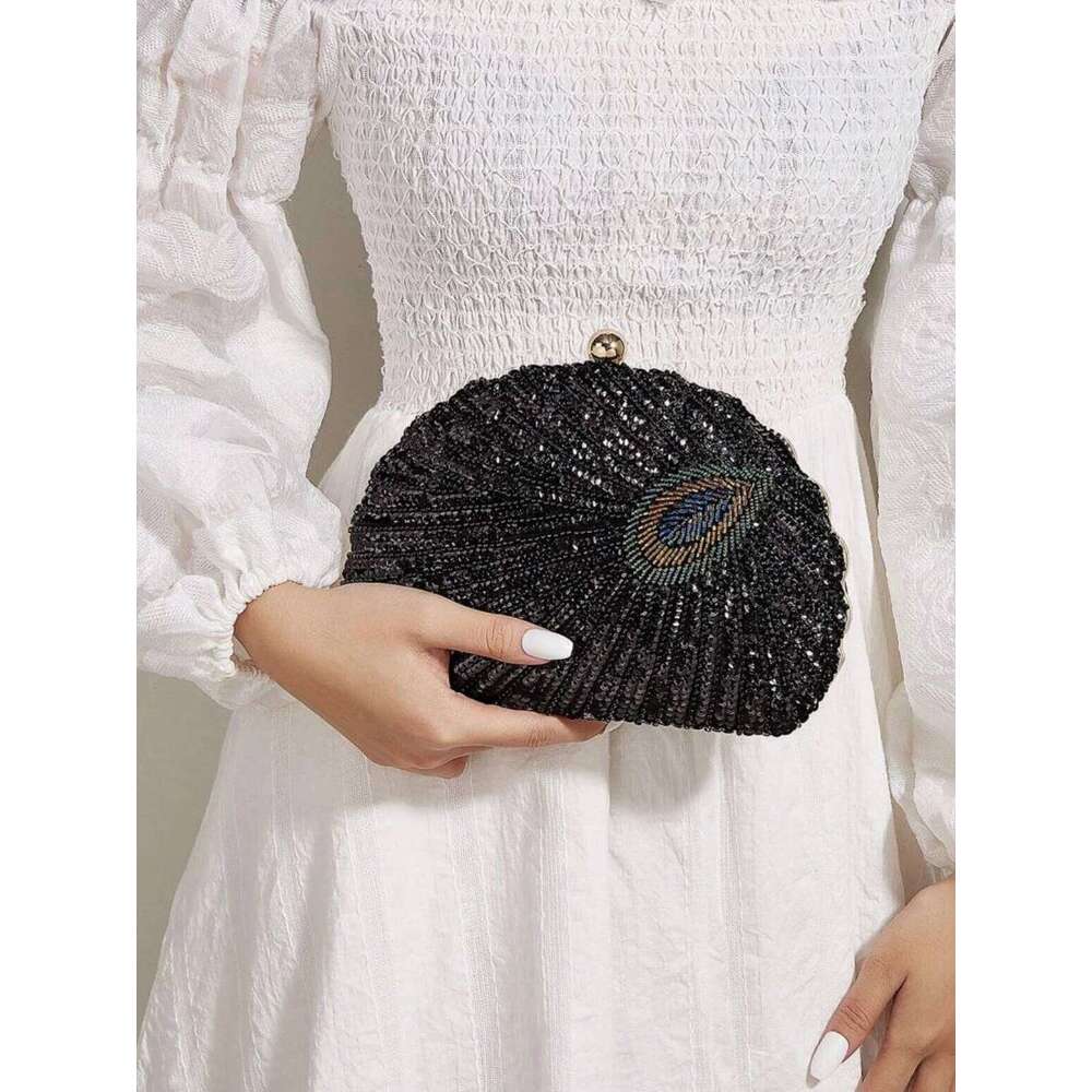 Handmade Vintage Heavy Industry Beaded Sequin Peacock Box Woman Clutch Evening Bag for Party, Wedding and Night