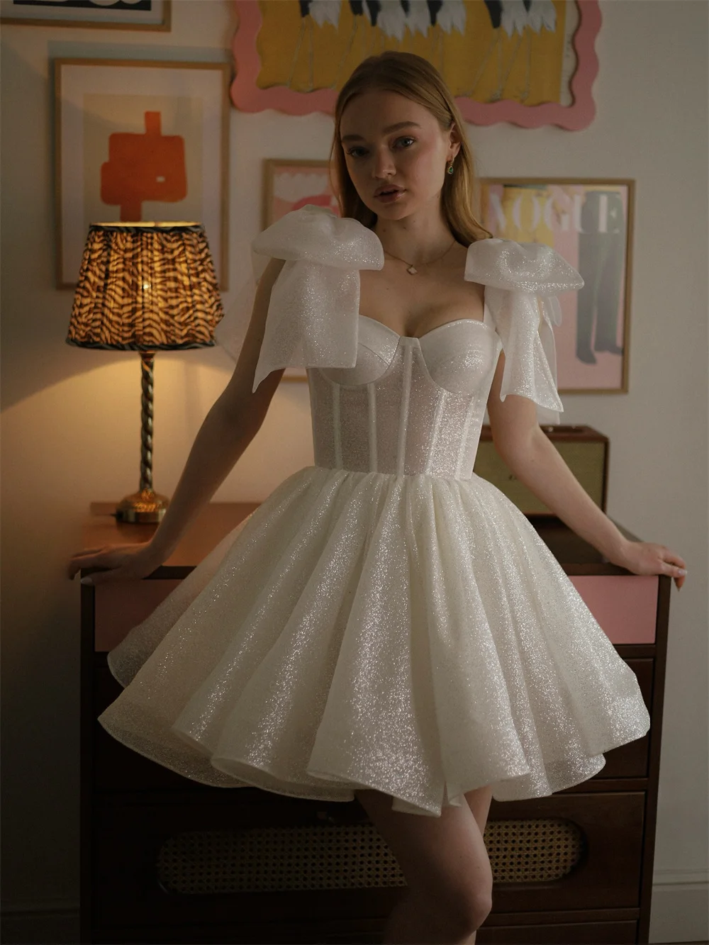 New White Short Prom Party Dress 2026 Sweetheart Bow Straps Sleeveless Sequins Evening Birthday Formal Gowns Pageant Dresses Robe De Soiree