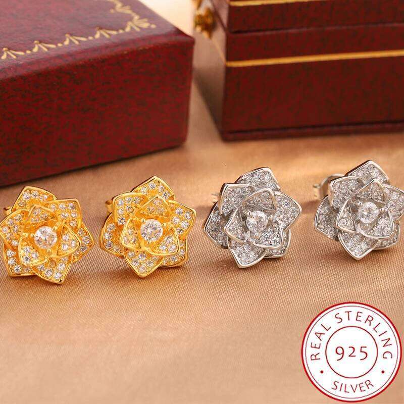 "Exquisite Women's Floral Stud Earrings, Silver Plated Rose Camellia Design, Vintage Style Party & Wedding Jewelry"