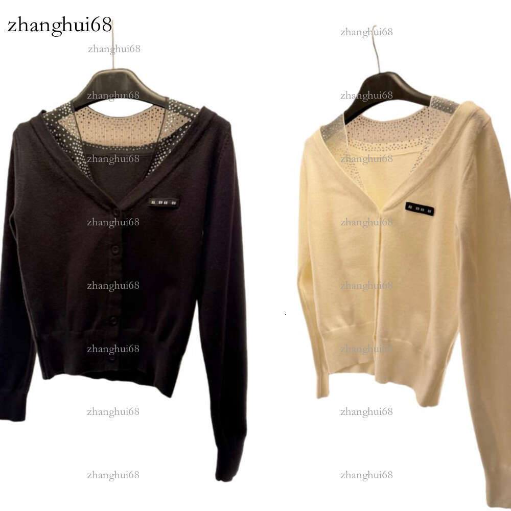 Designer Cardigan Brand Women's Sweater Fashion Knitted Top Rhinestone Mesh V-neck Single-breasted Design Trendy Street Versatile Light Luxury Women's Clothing