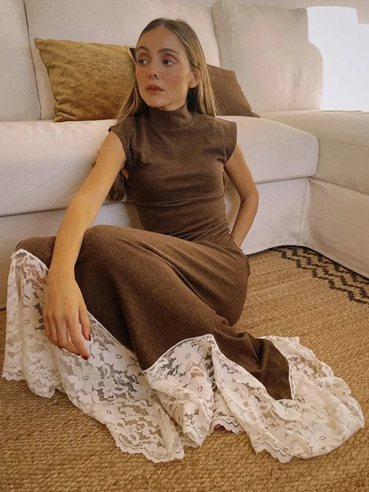 Elegant Lace Patchwork Maxi Dress For Women Fashion High Neck Sleeveless Asymmetrical Hem Long Dress Lady 2026 Chic Party Robes 251225