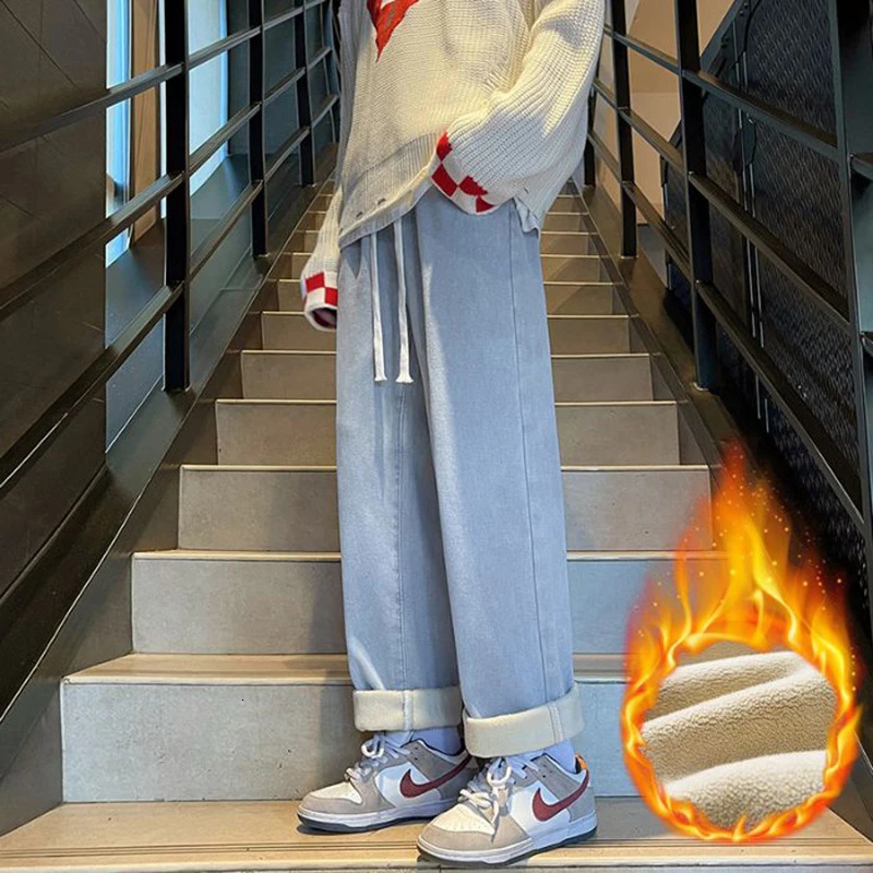 Men Snow Warm Plush Elasticity Jeans Male Fashion Fleece Lined Thickened Denim Pants Casual High Street Trousers 251226