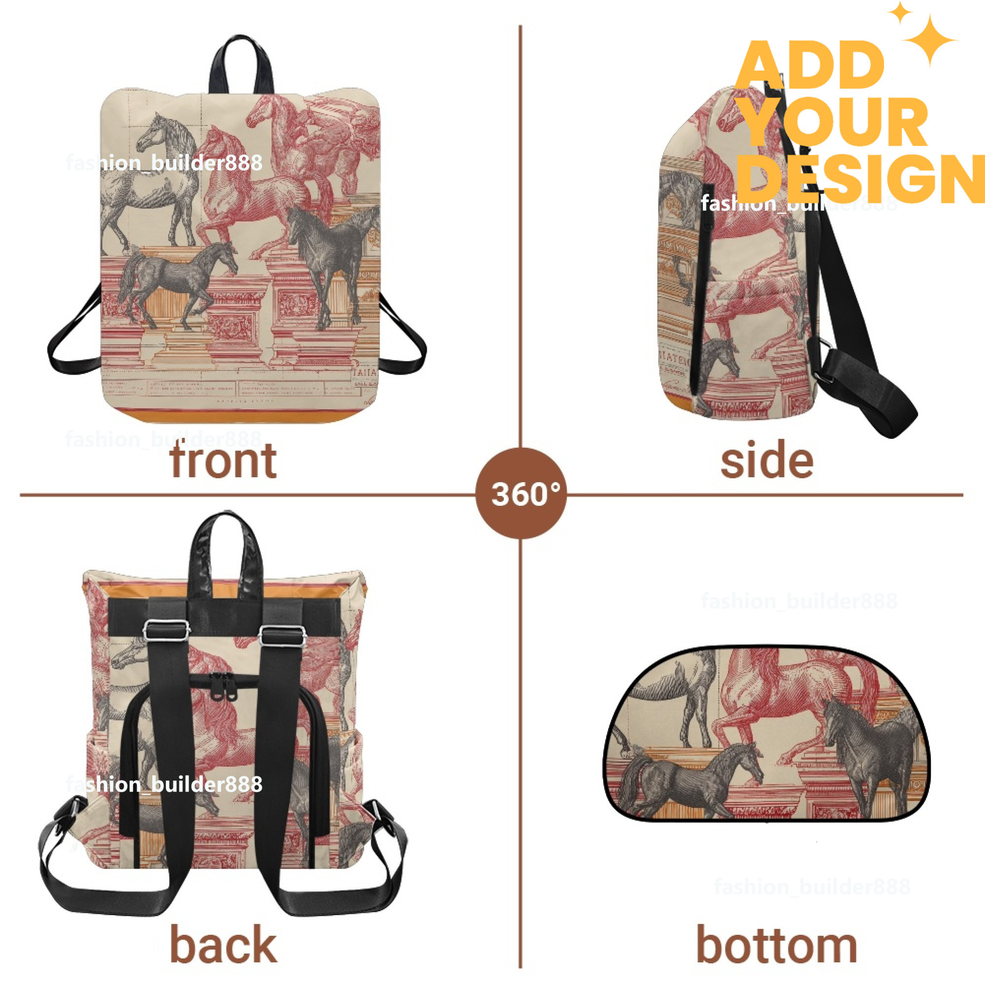 Custom H Designer Fashion Anti Theft Backpack Luxury Horse Pattern Unisex Full Print Backpack Laptop Bag Travel Bag H57