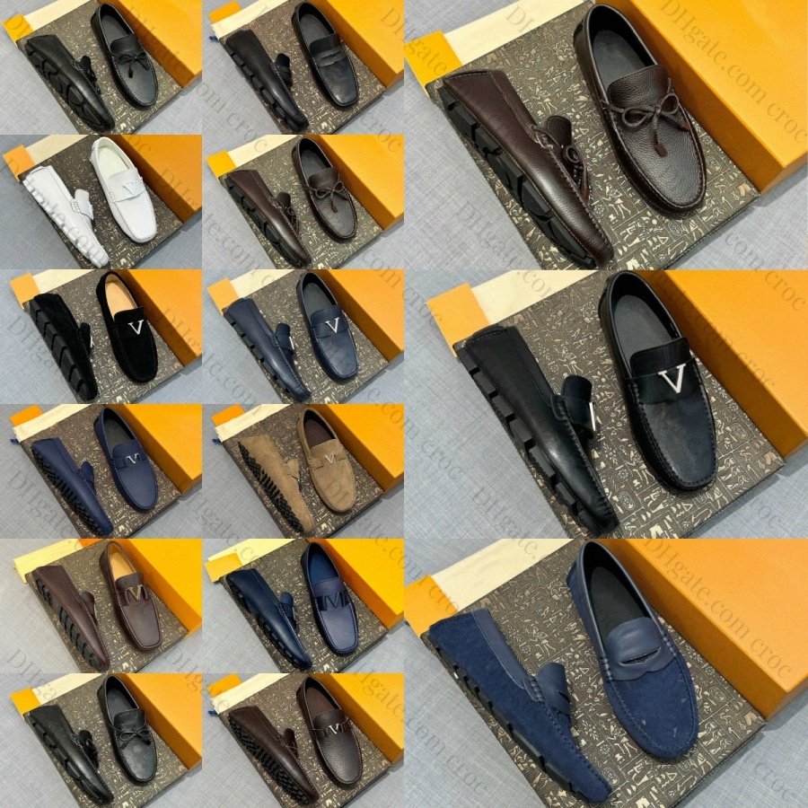Mens Loafers Dress Shoes Designer Suede Leather Moccasin Classic Bowknot Casual Flat Shoes Luxury Elegant Black White Brown Men Metal Navy Blue Beige