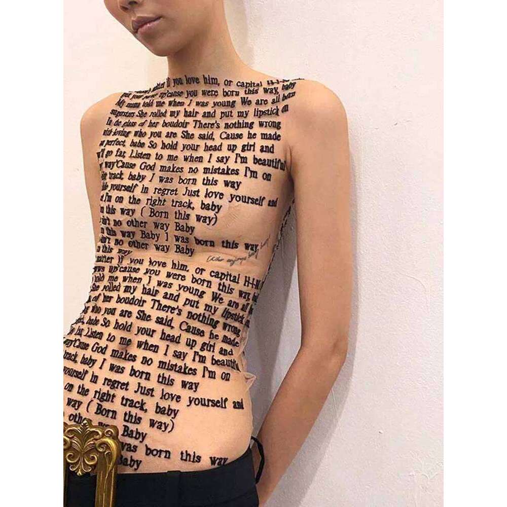 Fashion Trendy Round Collar Sleeveless Tank Mesh Sexy Article Print Slim Casual Top Women Hipster Wear