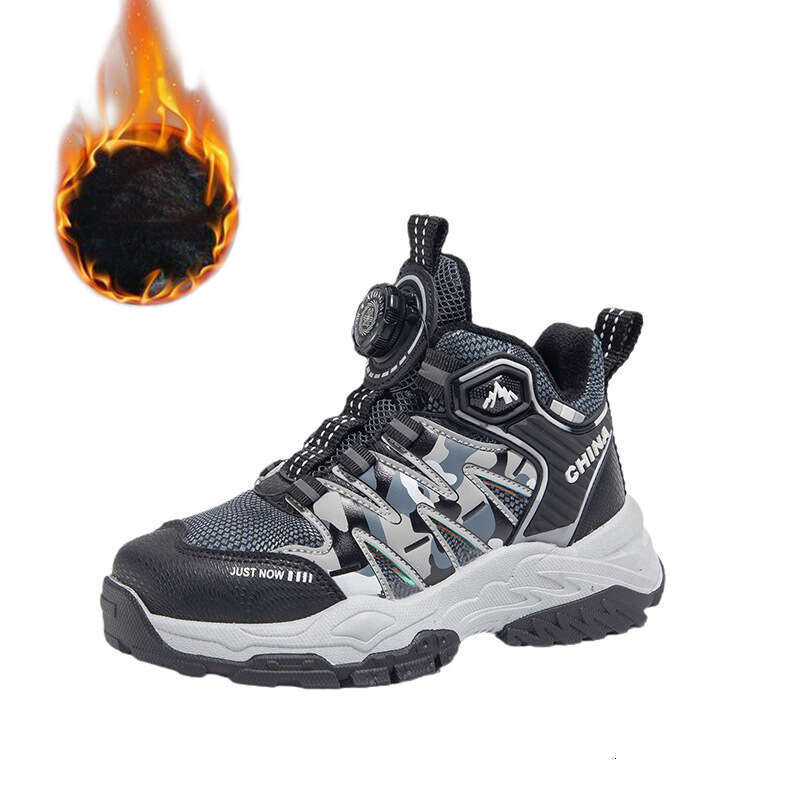 Boys Winter Fleece-Lined Cotton Rotating Button Hiking Shoes Cool Thick-Soled Fashionable Outdoor Footwear for Teenagers