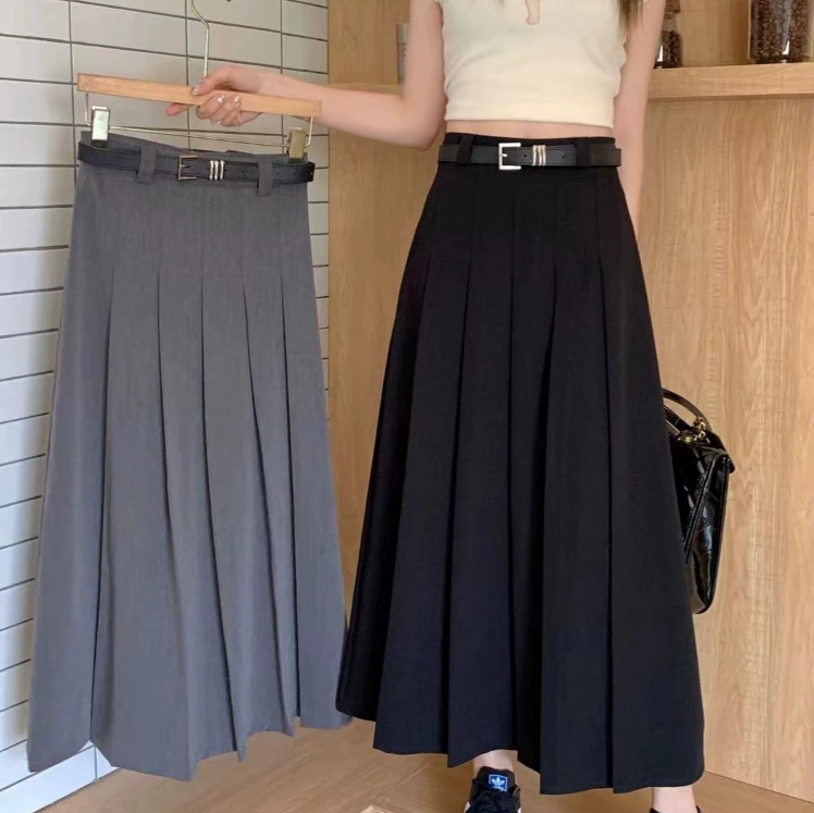 Skirts Women Maxi Skirt High Waist Pleated Ankle Length With Belt Solid Color A-Line Long For Office Women's Clothing