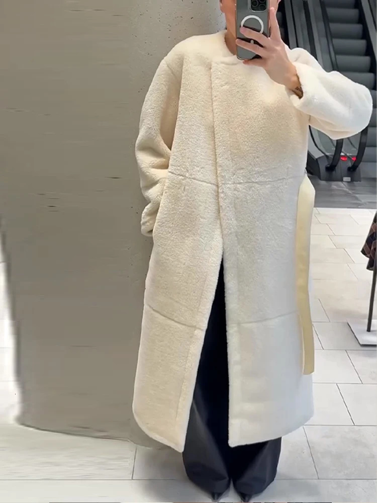 Womens Cream Shearling Long Coat Belted Waist Oversized Full Sleeve Oneck Jacket Winter Casual Outings Daily Work Cold Weather 251216