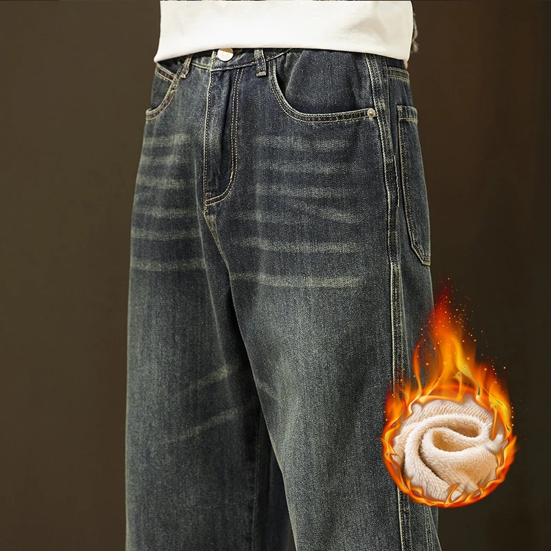 Winter Fleece Thick Cotton Jeans Men Warm Korean Velvet Loose Wide Pants Elastic Waist High Quality Outdoors Plush Trousers 251226