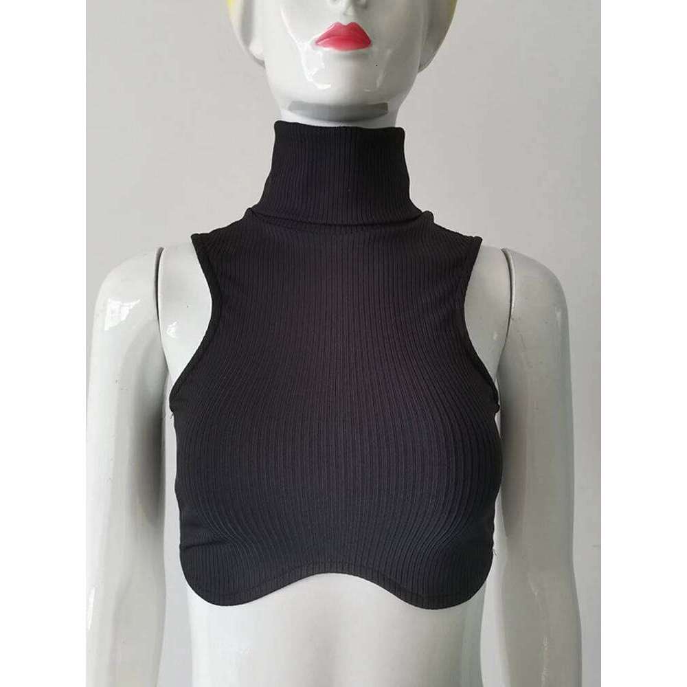 Y2K black knitted short top, female sexy elastic vest, street wear, vertical stripe high neck backless tight top