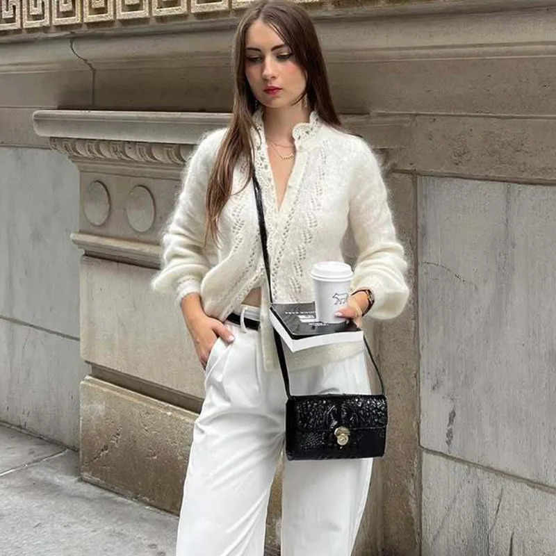 Tuularose Womens White Cardigan Fashion Hollow Lace Patchwork Loose Sweaters Elegant Office Basic Autumn Female Cardigan 251224