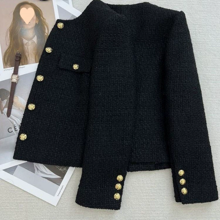 2026 Spring and Autumn New Style High end Round Neck Small Fragrant Style Short Coat for Women Small and Tall Exquisite French Coarse Hemp