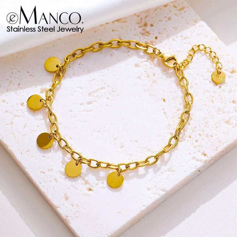 eManco Stainless Steel Round Pendant Bracelets Women's Gold-Plated Chain Bracelet Fashion Jewelry 48 hour shipping
