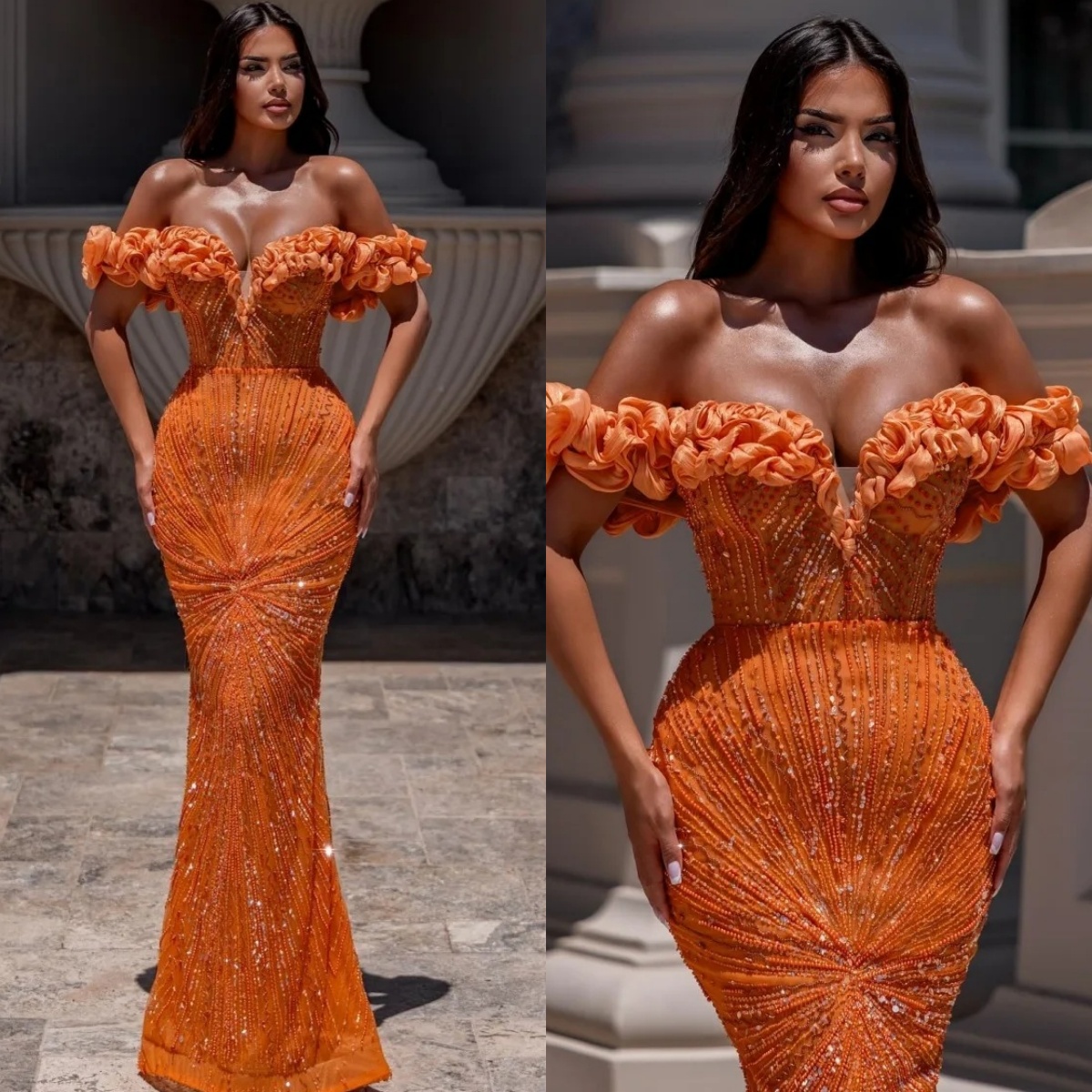 Exquisite Orange mermaid Evening Dresses Off Shoulder Sequins Beaded Prom Dress Women Luxury Formal Party Gowns Vestidos De Noche 4J04