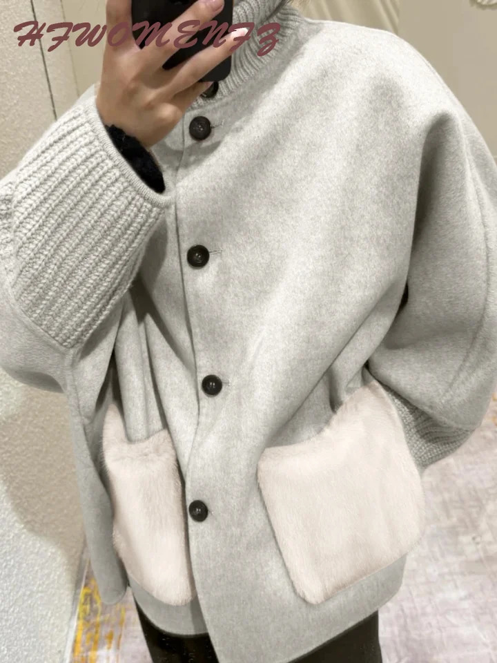 Loose Knit Fur Womens Sweater Casual Standup Collar Long Sleeve Single-breasted Female Cardigan 2025 Winter Pocket Knitwear 251225