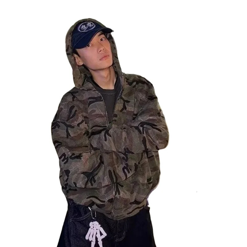 Camouflage Mens Hooded Jacket Loose American Style Cardigan Sweatshirt High Street Versatile Casual Fashion Loose Mens Clothing 251226