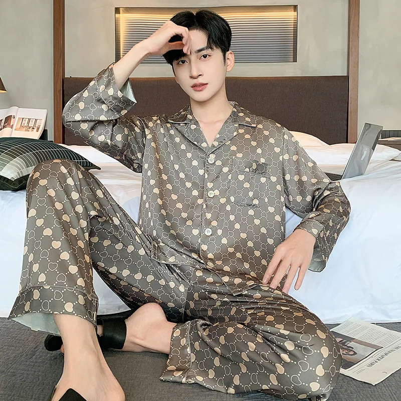 High Quality Men Pajamas Suit Spring Fall Ice Silk Highend Longsleeved Sleepwear Set Female Ethnic Style Large Size Loungewear 251231