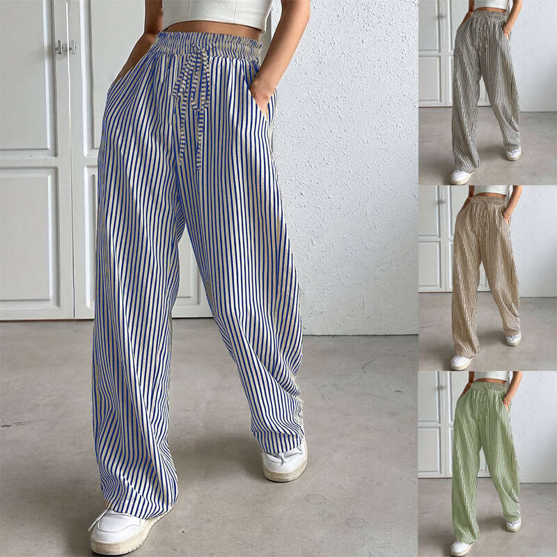2026 European and American Cross-Border New Striped Wide-Leg Drawstring Pocket Casual Long Straight-Leg Pants Women's Fashion