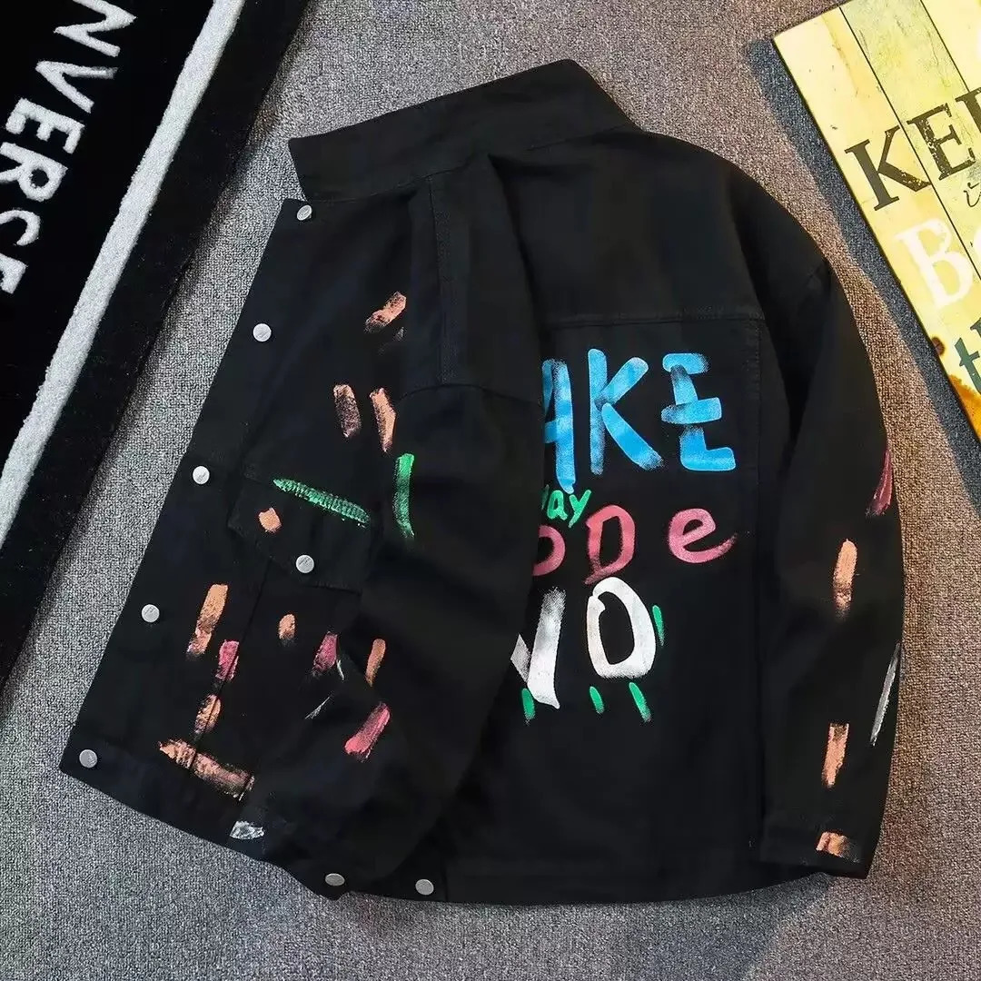 Autumn and Spring Fashion Trend Printed American Vintage Black Denim Jacket Mens Casual Loose Sports Plus Size Coat M3XL 251230