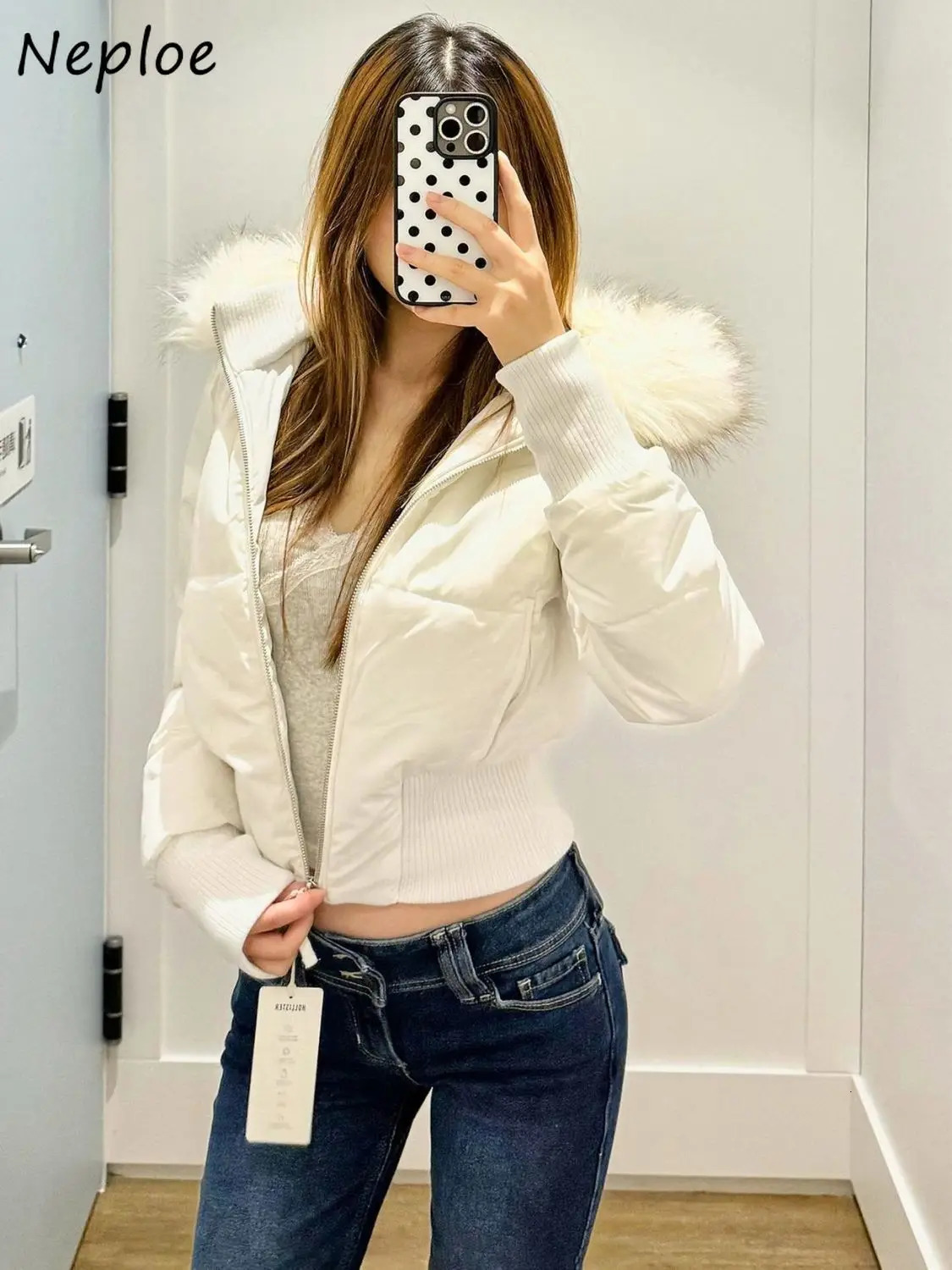 Neploe Fur Collar Hoody Slim Waist Bread Parkas Fashion Premium Elegant Warm Women Clothing Lovely Zip Patchwork Casual Coats 251225