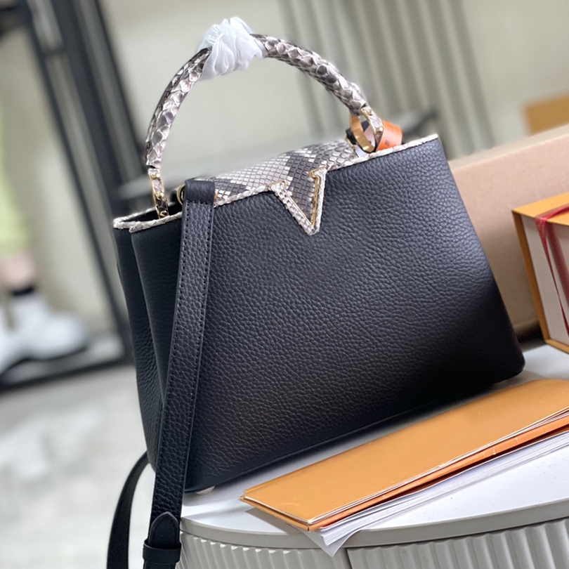 10A Designer Capucines Handbag - Luxe Black Leather with Exotic Python Accents, Gold Studs, and Litchi Grain Leather with Pure Calfskin Lining