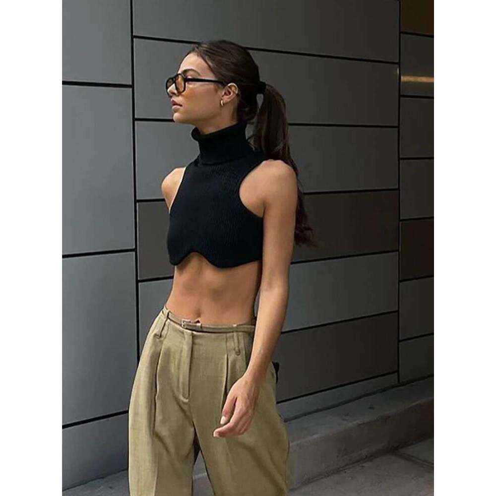 Y2K black knitted short top, female sexy elastic vest, street wear, vertical stripe high neck backless tight top