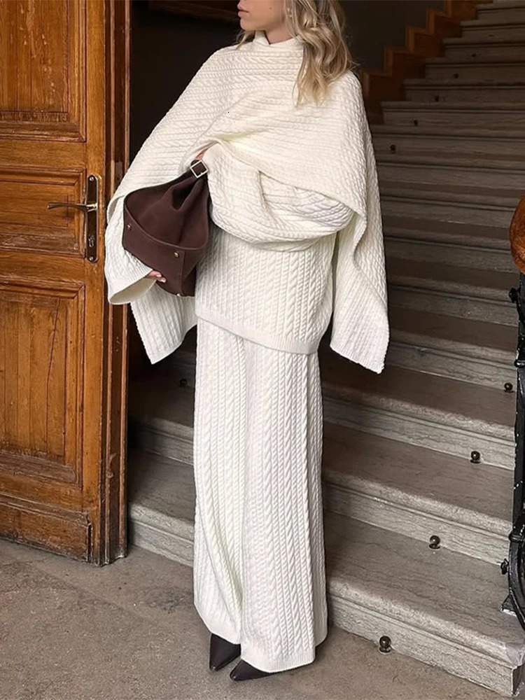 Solid Knitted Sweater Pants 2 Piece Suit 2026 Women Elegant High Collar Pullover Loose Trousers Set Autumn Winter Female Outfits 251225