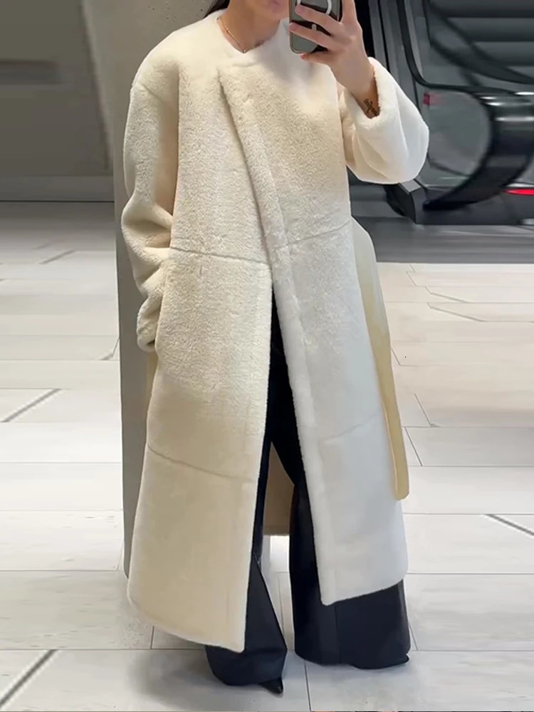 Womens Cream Shearling Long Coat Belted Waist Oversized Full Sleeve Oneck Jacket Winter Casual Outings Daily Work Cold Weather 251216