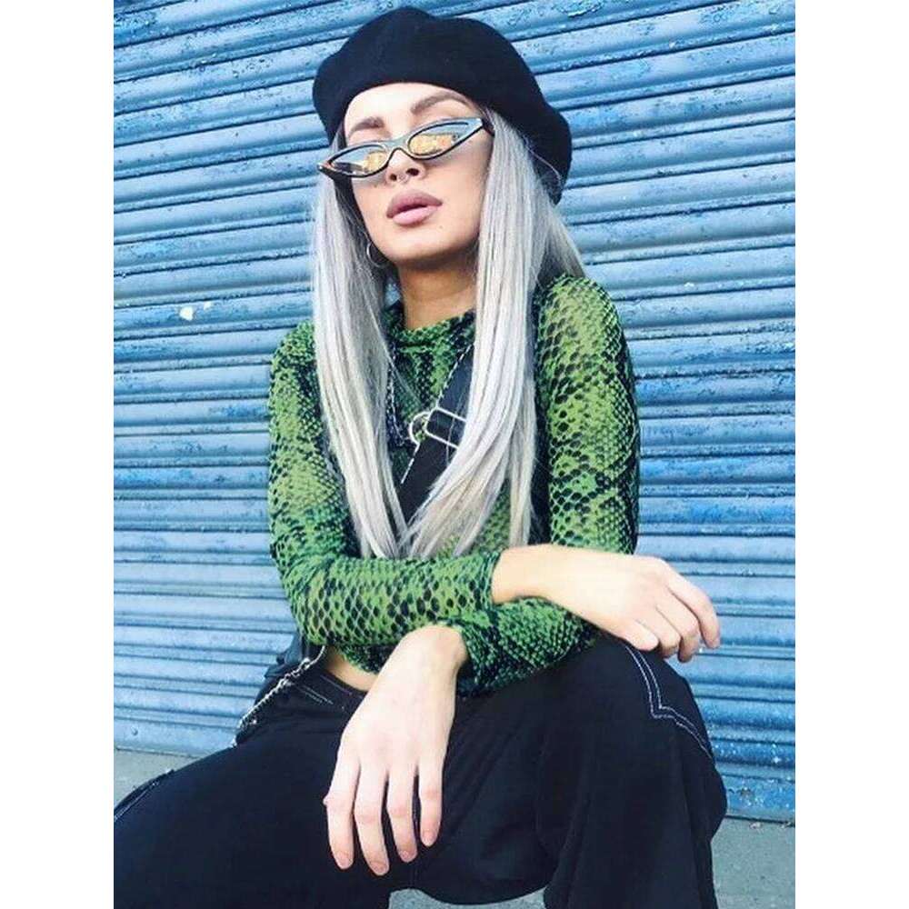 Casual Green Snake Print T Shirt Women Mesh Top Long Sleeve Transparent Snakeskin Female T-shirt High Neck Crop Tops