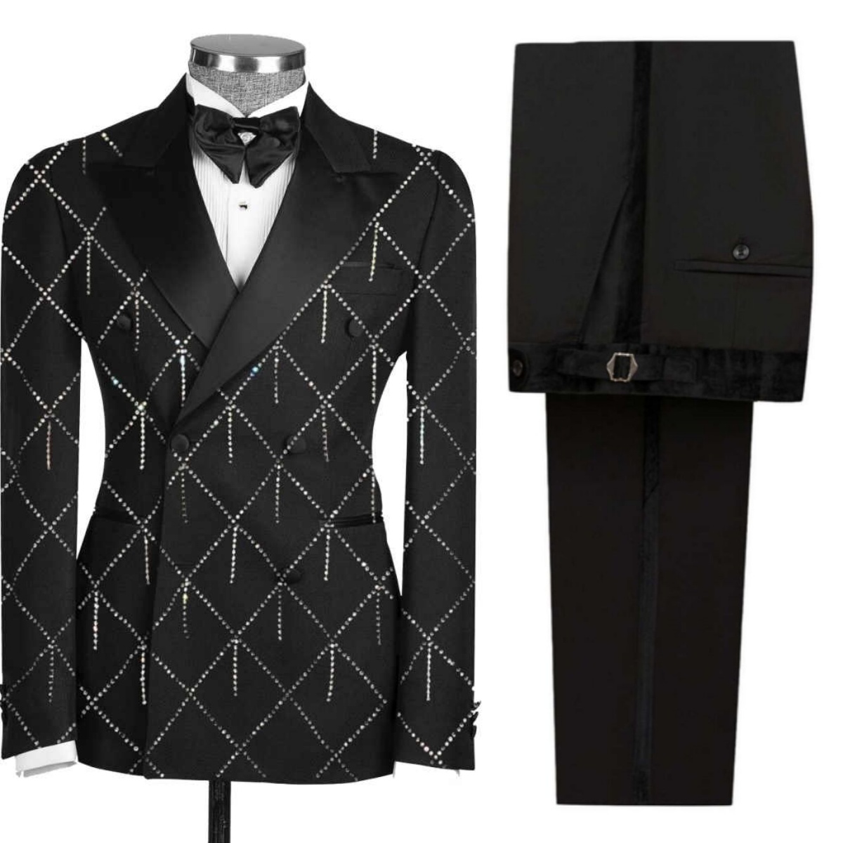 Luxury Crystals Men Wedding Tuxedos Double Breasted Peaked Lapel Pant Sets Classic Fit Business Party 2 Pieces Customized