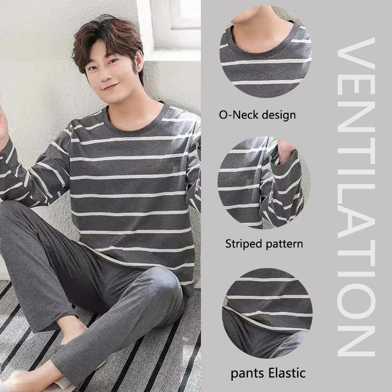 2PCSSet Mens Pajamas Autumn Winter LongSleeved Fashion Soft Simple Casual Homewear Man Black Comfortable Striped Loungewear 251231
