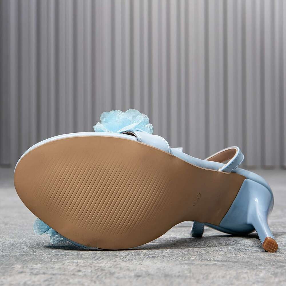 2026 Heels Thick Sole Elegant Blue Microfiber High Heels For Women Floral Embellished Open Toe Design Versatile All Season Dress Shoes MOJIDASHU