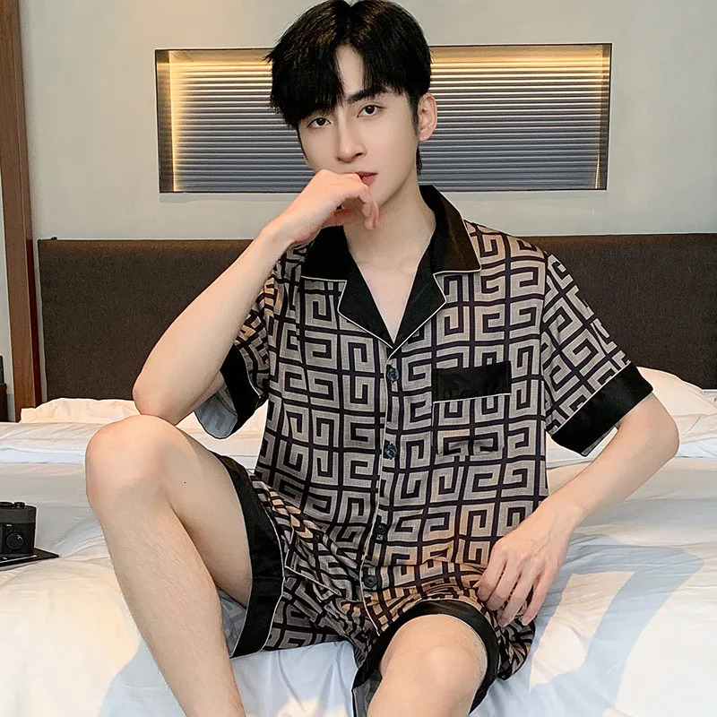 High Quality Pajamas Suit Men Ice Silk Summer Thin Short Sleeves Cool Satin Sleepwear Chic Pyjamas Set Male Loungewear Boy Gift 251231