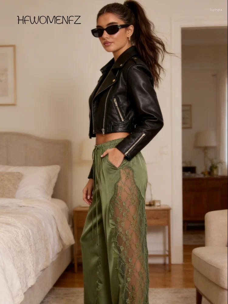 Women's Pants Casual Lace Patchwork Women Chic Long Straight Wide Leg Solid Fashion Trousers Female 2026 Spring Summer Lady Bottoms