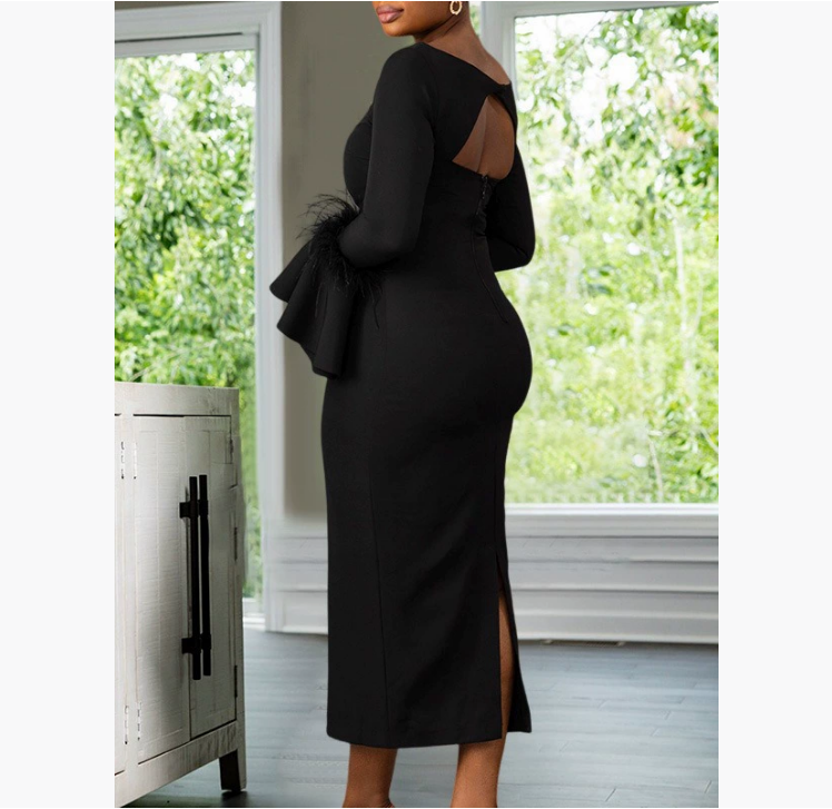 New European and American women's clothing autumn and winter new product solid color slim fit feather trumpet sleeve slit dress